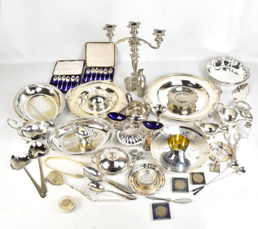 A quantity of assorted silver plate, including two boucheron twin handled plates, diameter of the