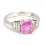 An 18ct white gold, pink sapphire and diamond ring in the Art Deco taste, size I 1/2, approx 3.9g.