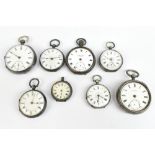 Eight silver pocket watches and fob watches, in various states of disrepair.Additional