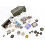 A small group of coins including coppers, cartwheel penny, Victoria commemoratives, two tokens,