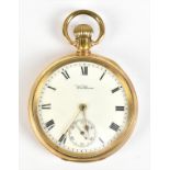 WALTHAM;  a gold plated crown wind open face pocket watch with fifteen jewel movement no.18414808,