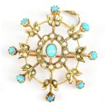 An Edwardian 9ct yellow gold turquoise and seed pearl pendant/brooch with open work frame, length