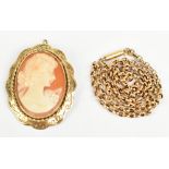 A 9ct yellow gold cameo brooch/pendant, length 4cm and a 9ct yellow gold chain, length of chain