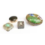 Three small silver boxes, the oval example Mexican with inset cabochon stone to lid, width 3.8cm,