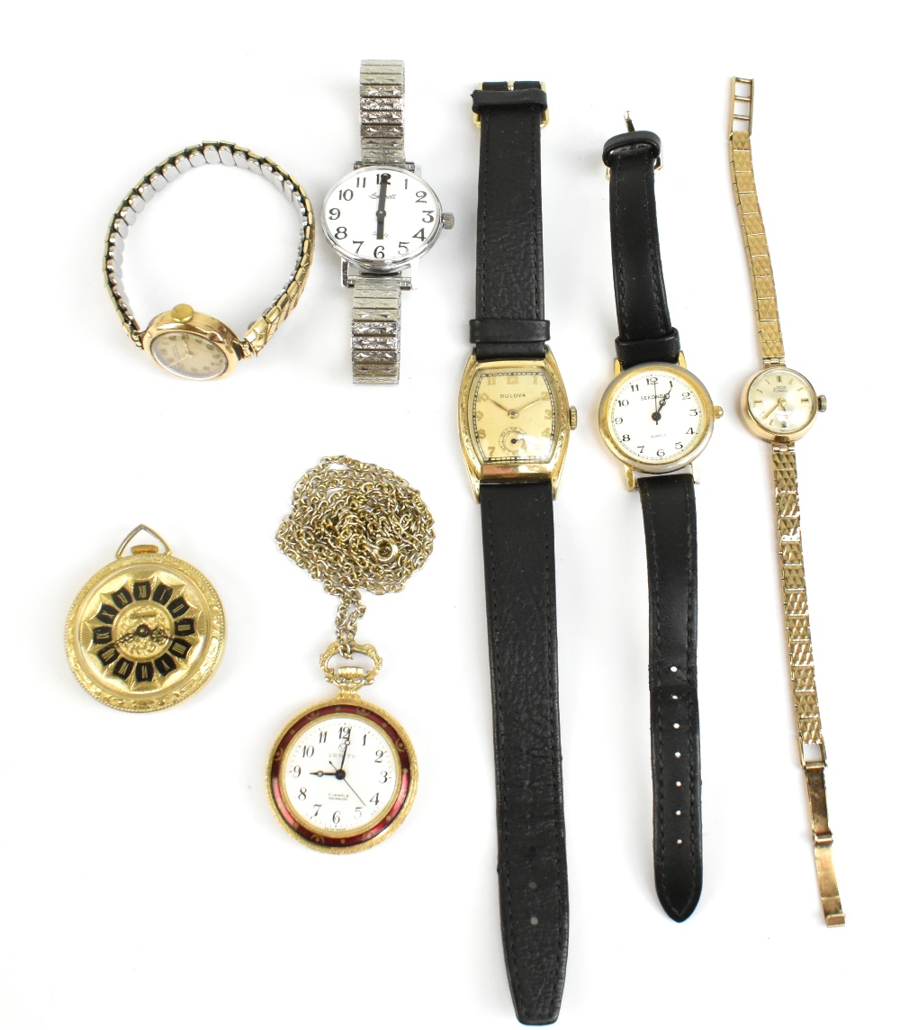 A small group of wristwatches including a gentleman's 10ct rolled gold Bulova example, the dial