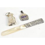 ADIE & LOVEKIN LTD; a George V hallmarked silver baby's rattle, with enamelled verse 'Baby',