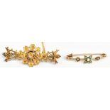 A 9ct yellow gold Victorian floral bar brooch, and a yellow metal turquoise and seed pearl pin