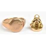 A 9ct yellow gold gentleman's signet ring, size T, also a 9ct yellow gold watch fob, combined approx