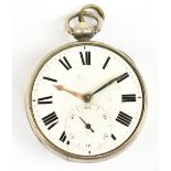 A hallmarked silver cased pocket watch with fusée movement, the enamelled dial set with Roman and