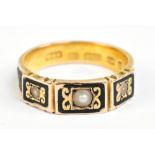 A 15ct yellow gold enamel and hair work mourning ring set with three pearls, size L, approx 2.2g (