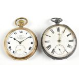 THOMAS RUSSELL & SON OF LIVERPOOL; a gold plated open face crown wind pocket watch, the circular