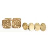 A pair of 9ct gold cuff links, with textured detail, and a further pair of 9ct cuff links with