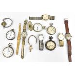 A group of pocket and wristwatches for restoration, including two silver open face examples, also