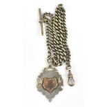 A silver Albert watch chain with shield shaped fob inset with yellow metal, length 33cm, approx 1.