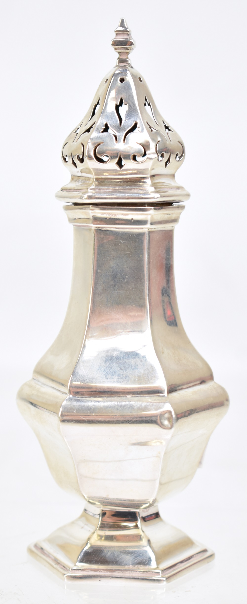 COLLINGWOOD & SONS LTD; a George V hallmarked silver sugar caster of hexagonal form, Birmingham