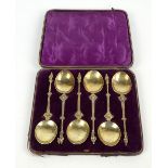A cased set of six 19th century Dutch silver gilt over-sized apostle spoons, length 19cm, approx