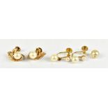 Two pairs of 9ct yellow gold and cultured fresh water pearl screw-back earrings, one pair with