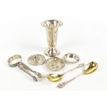 Five pieces of German 800 grade silver, including a pedestal vase with planished decoration,