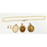 A small group of jewellery including a pearl necklace with a yellow metal clasp stamped 9K, a yellow