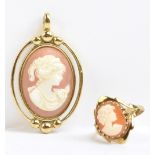 A 9ct yellow gold cameo ring, size N 1/2, approx 2.5g and a yellow metal pendant (2).Additional