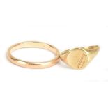 A 9ct yellow gold wedding band size Q and a very small 9ct yellow gold signet ring, combined