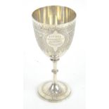 A late Victorian hallmarked silver trophy goblet cup inscribed 'Runcorn Swimming Club School Boy