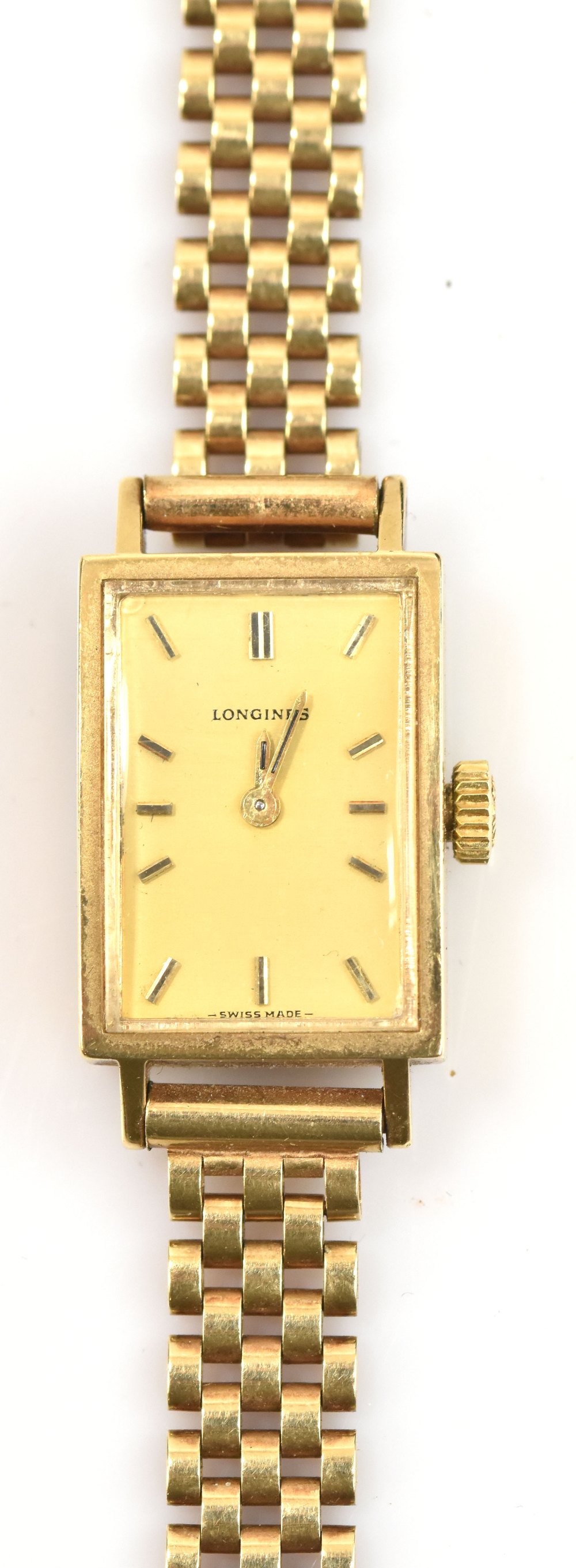 LONGINES; a lady's 9ct gold wristwatch, the rectangular dial set with batons, with 9ct gold strap, - Image 3 of 7