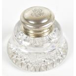 TIFFANY & CO; a sterling silver mounted clear glass inkwell, the hinged cover with engraved initials