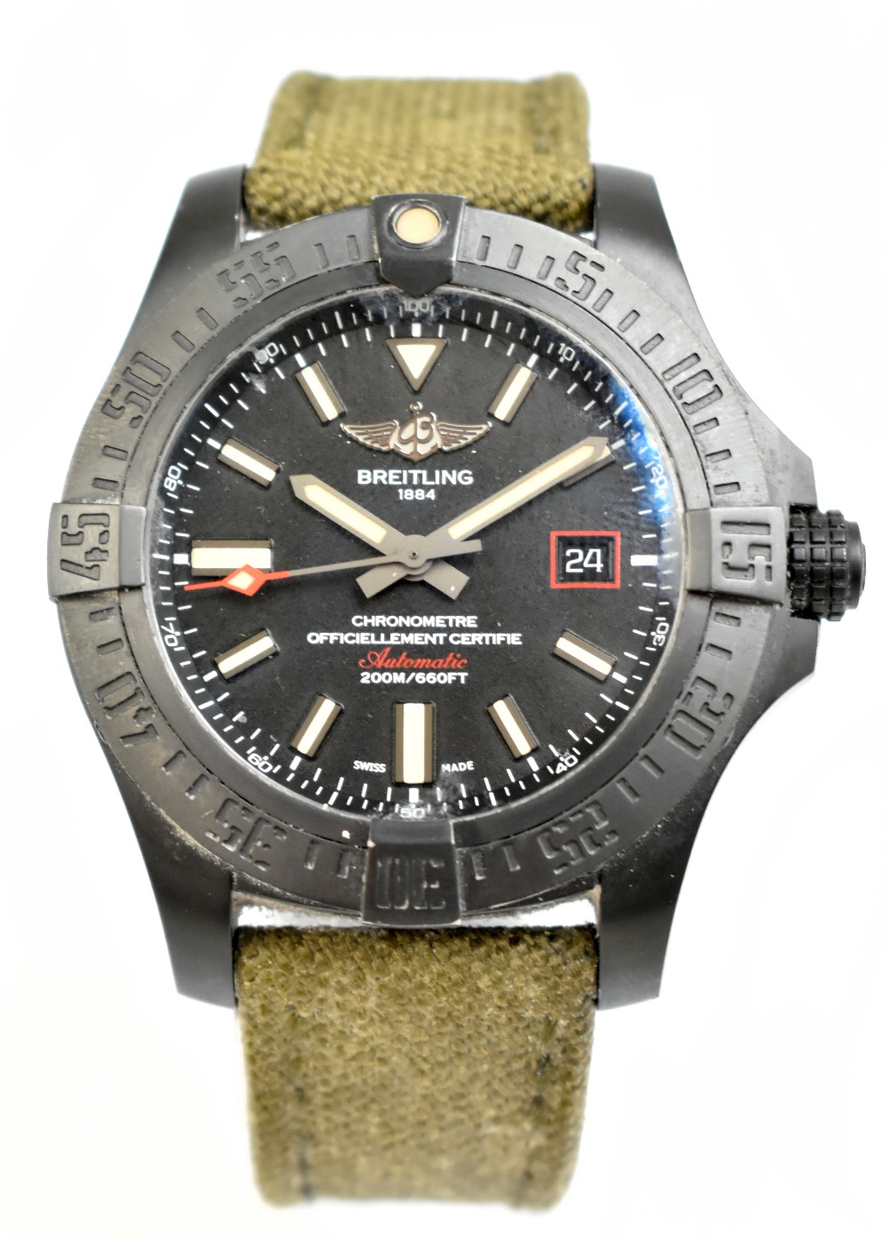 BREITLING; an Avenger Blackbird 44 gentleman's wristwatch, with green khaki strap, sold with