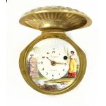 A 19th century shell shaped gilt metal cased full hunter pocket watch, the painted enamelled dial