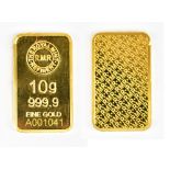 A Royal Mint Refinery 999.9 fine gold miniature ingot, 10g, laser engraved code A001041.Additional
