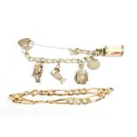 A 9ct yellow gold flat link bracelet, length approx 20cm, approx 6.6g,  and a silver charm bracelet,