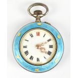 A Continental silver and enamel fob watch, the dial set with Roman numerals, the case with English