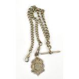 A silver Albert chain with silver fob and T bar, length 46cm, approx 1.53ozt/47.8g.Additional
