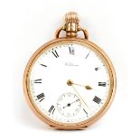 WALTHAM; a 9ct yellow gold crown wind open face pocket watch, the white enamel dial set with Roman