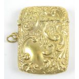 A 9ct yellow gold vesta case with embossed scrolling decoration, 5.2 x 4cm, approx 25.5g.