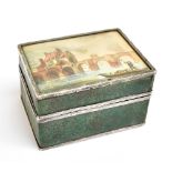 A 19th century Continental white metal mounted shagreen rouge box, the hinged lid with painted scene