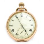 A gold plated crown wind open face pocket watch, the white enamel dial set with Roman numerals and