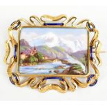 A mid-late 19th century Swiss yellow metal blue enamel and painted enamel decorated landscape