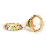 A 9ct yellow gold cameo ring, size S and a further 9ct yellow gold dress ring size O, combined