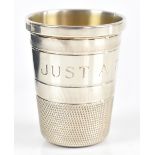 JOHN SANDERSON & SONS LTD; an Elizabeth II hallmarked silver tot cup in the form of a thimble,