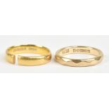 A 22ct yellow gold plain wedding band, approx 4.4g (af), also a 9ct yellow gold example, size N,