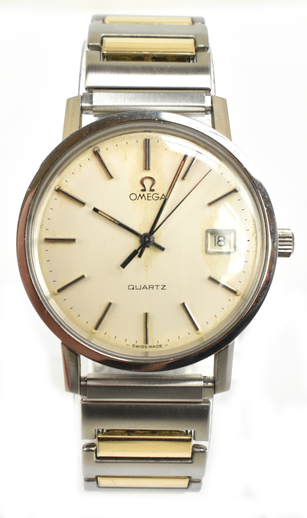 OMEGA; a gentleman's stainless steel cased quartz wristwatch, the silvered dial set with baton