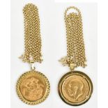 A 9ct yellow gold chain suspending a 9ct pendant centred with a George V 1912 full sovereign,