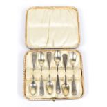 P HERTZ OF COPENHAGEN; a cased set of six silver Fiddle and Shell pattern teaspoons with engraved