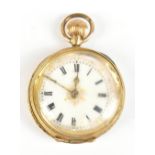 An 18ct yellow gold crown wind fob watch, the white enamel dial set with Roman numerals, diameter