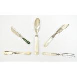 Five silver bladed butter knives, four with mother of pearl handles and one with nephrite jade