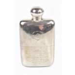 ROBERT PRINGLE & SONS; a military interest Edwardian hallmarked silver hip flask, with screw cover