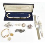 A small group of costume jewellery and wristwatches including a 9ct yellow gold cased lady's