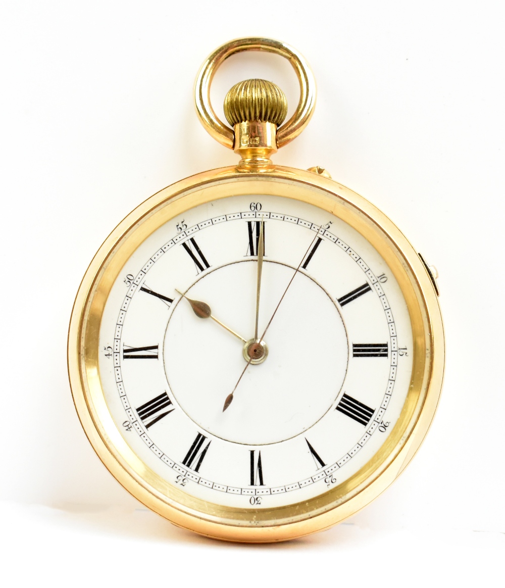 An 18ct yellow gold crown wind open faced pocket watch, the white enamel dial set with Roman